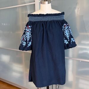 Zara Navy Off-Shoulder Embroidered Sleeve Dress. Pockets. XS ☀️✈️pockets😉🌺